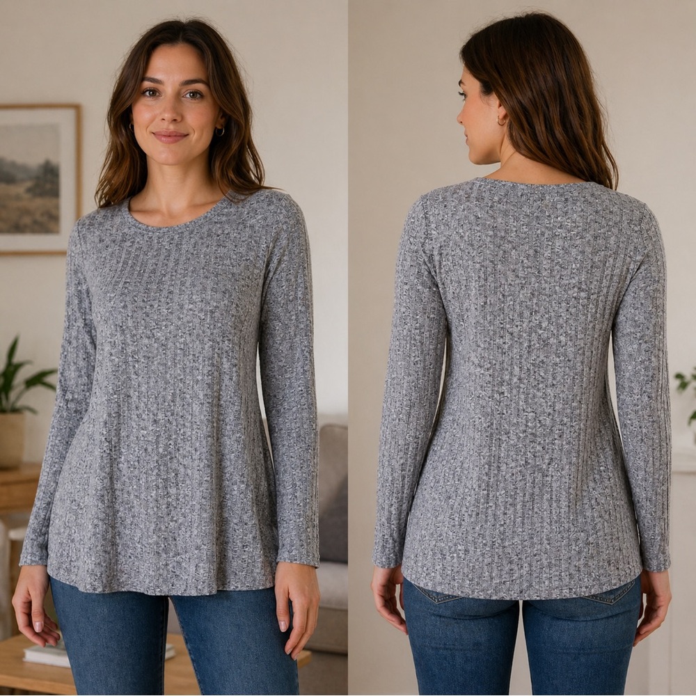 TMG New York Gray Ribbed Tunic Style Long Sleeve Top